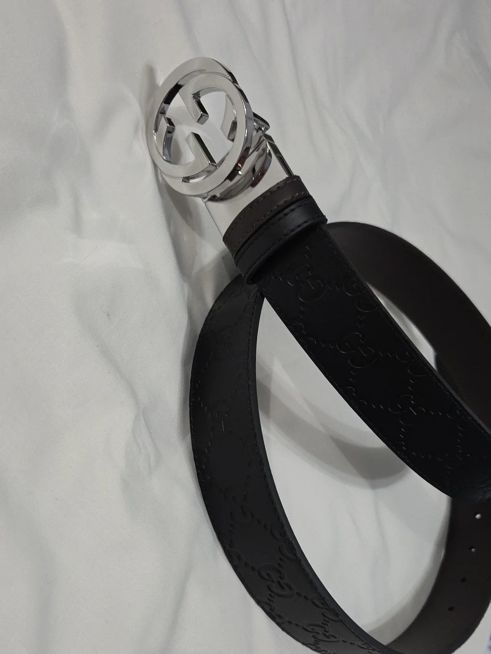 Gucci Reversible Black Brown Leather Belt with Silver Double G Buckle 34/36